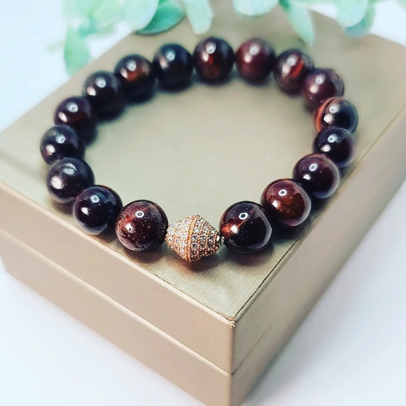 Red Tiger Eye Zirconia charm bracelet 10 mm - Picture 2 of 5